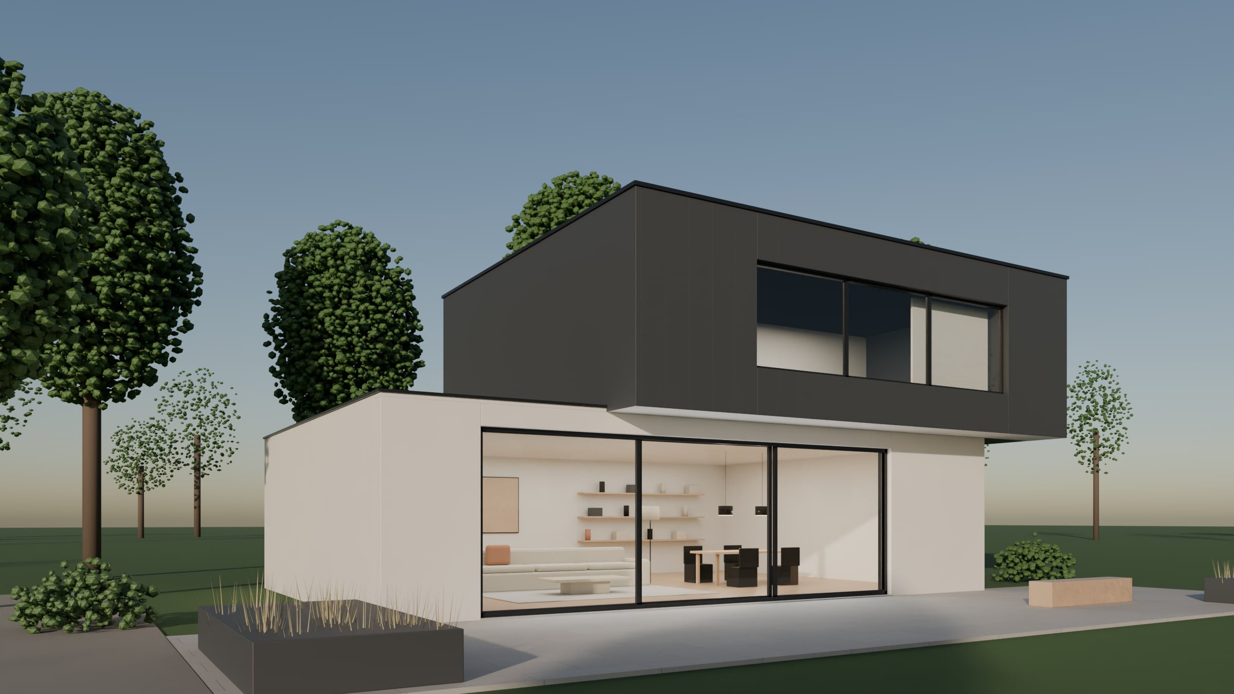Maison contemporaine aux grandes baies vitrées, séjour visible depuis le jardin en fin de journée